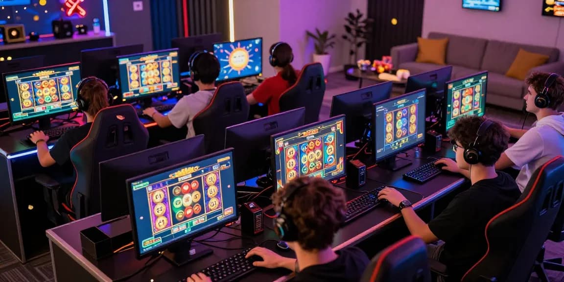 Exciting online gaming experience showing players engaged in slot depo 5k, vibrant screens and gaming accessories.