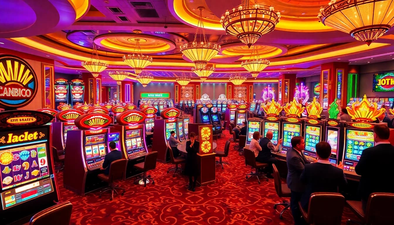 Enjoying wins on IDNslot machines in a luxurious casino setting with vibrant colors.