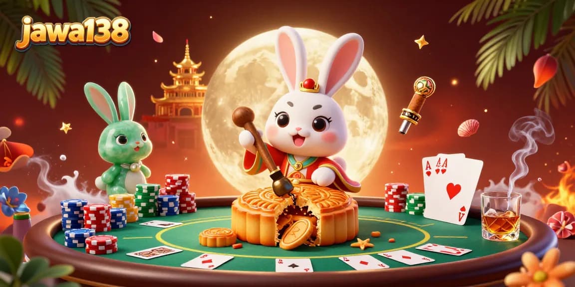 Engage with jawa138’s vibrant scene featuring a moon rabbit and poker chips amidst dynamic casino elements.