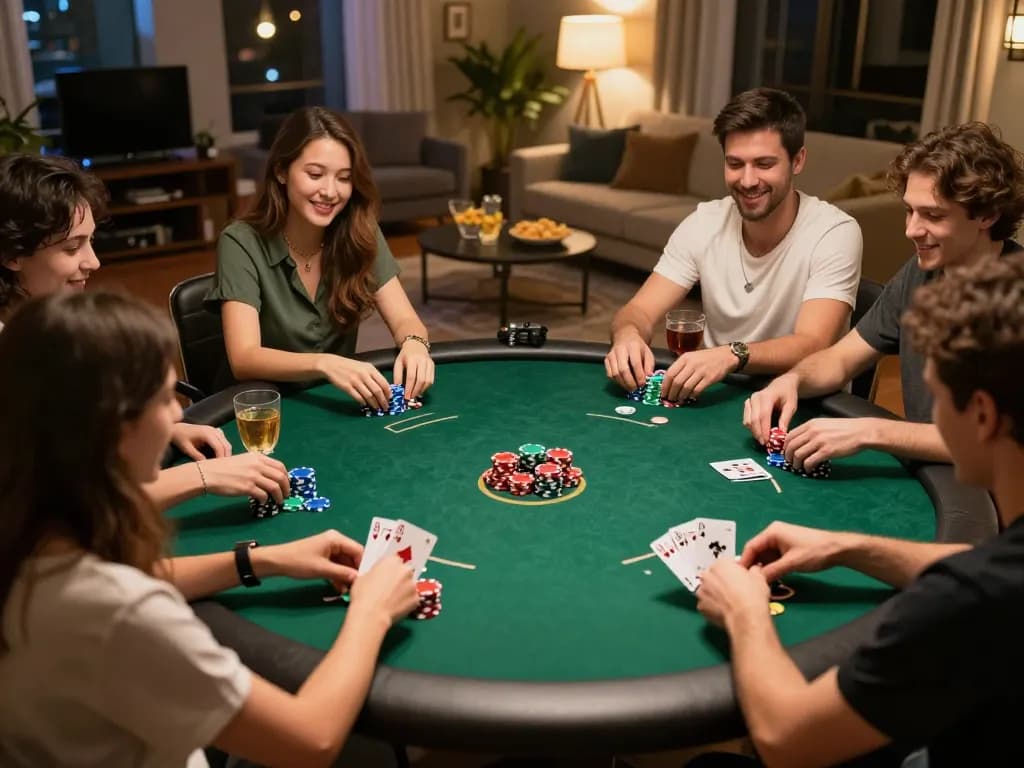 Engaging poker gameplay at home with friends celebrating wins, showcasing https://7hh.games/ responsible gambling.