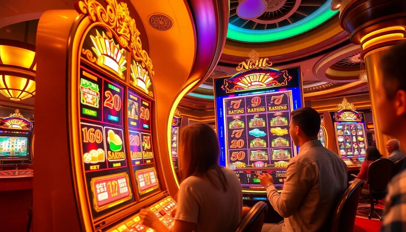 Engage with nổ hũ gameplay excitement as players await their jackpot win at a vibrant casino.