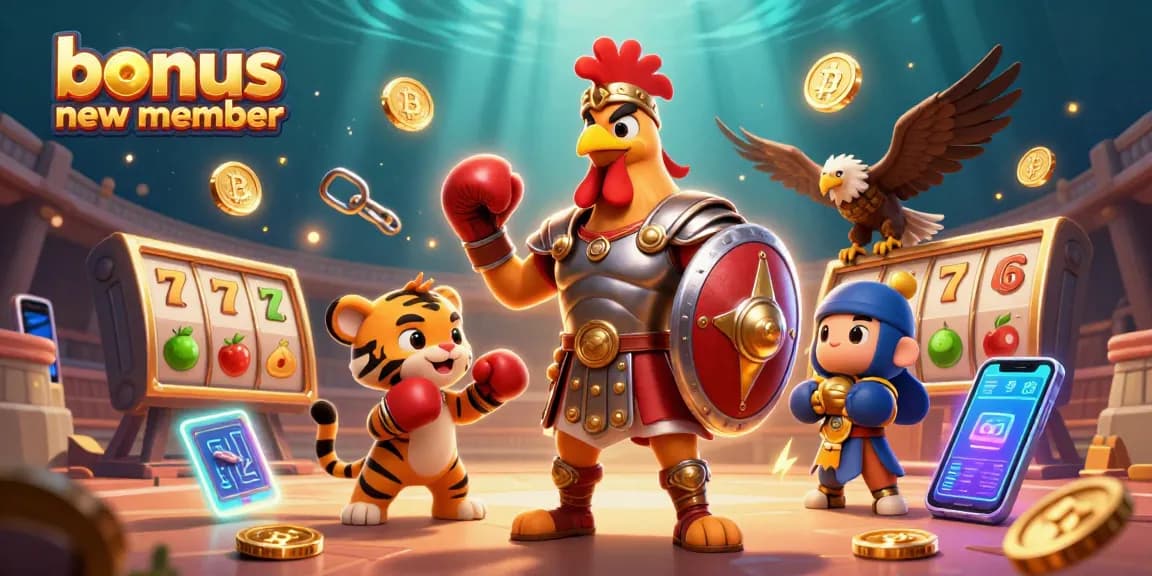 Menangkan bonus anggota baru dalam permainan slot dengan ilustrasi ayam jantan dan simbol keberuntungan.