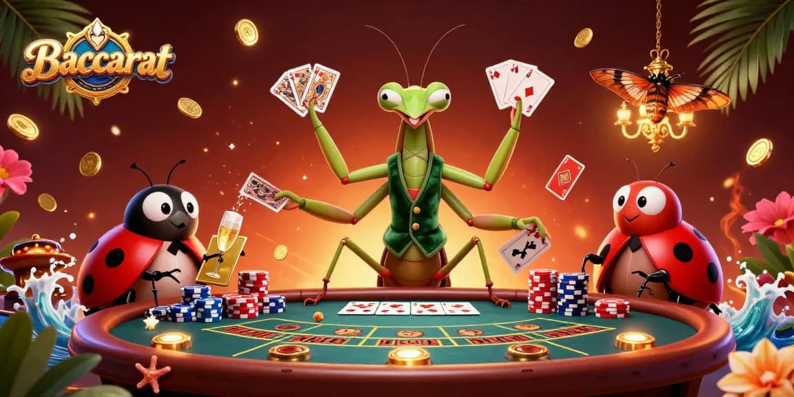 Baccarat scene with a giant mantis and ladybug pit boss featuring cards, chips, and casino vibes.
