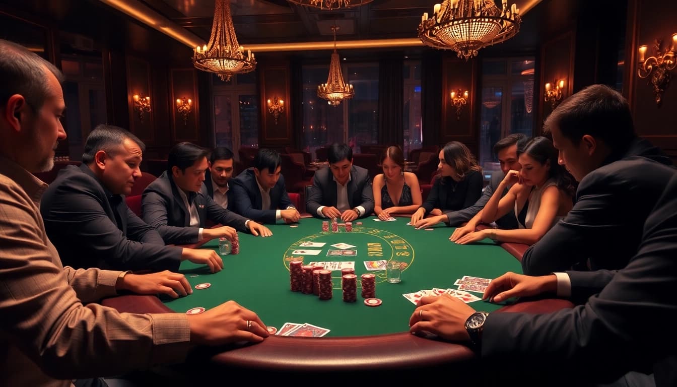 Players immersed in an intense poker game at nova88, showcasing strategy and excitement.