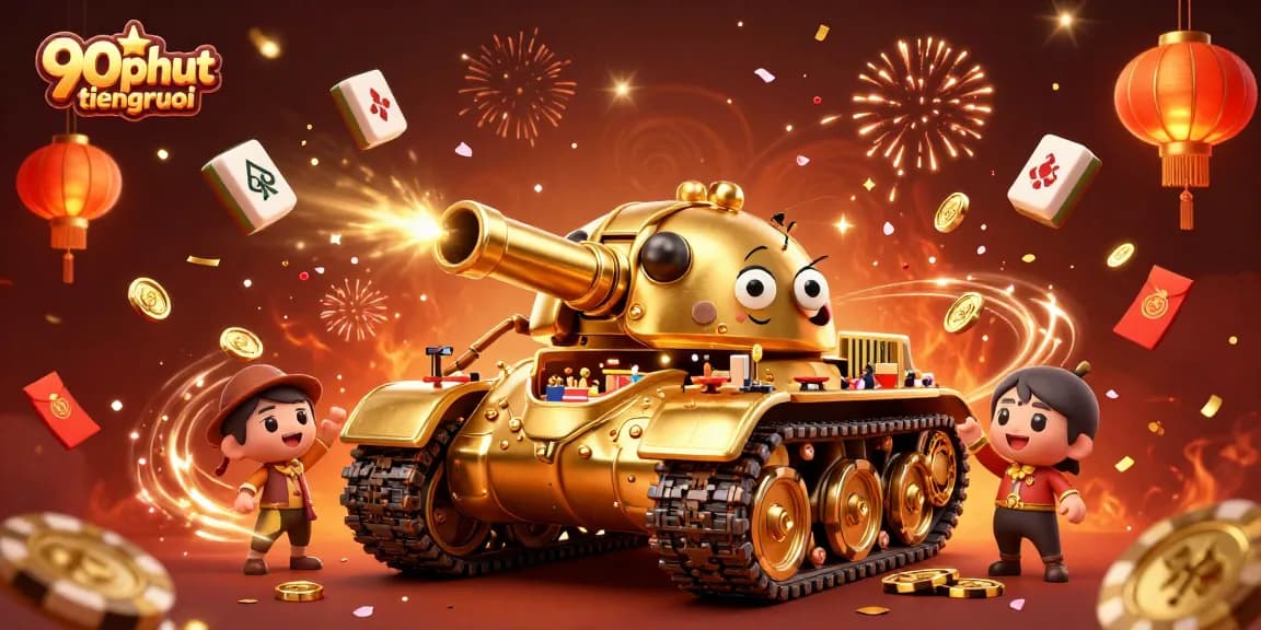 Experience thrilling gameplay with 90phut tiengruoi, where a golden tank bursts open into a vibrant casino scene.