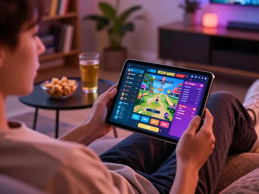Engaging with nsfw games mod on tablet in relaxing home setting, showcasing immersive gameplay.