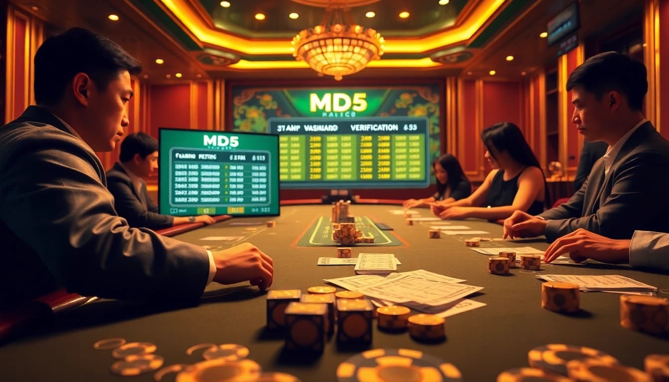Tài xỉu MD5 game table showcasing dynamic betting atmosphere with dice and chips.