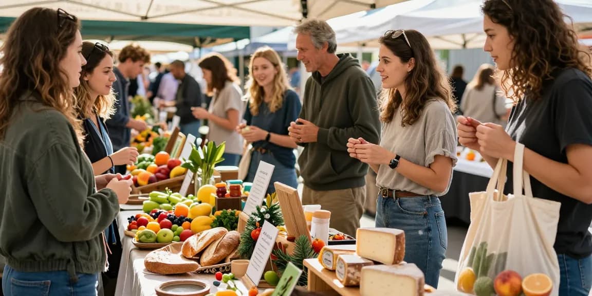 Local community shopping scene featuring diverse friends at the market exploring vibrant produce and handmade goods from https://forumup.org/shop/search.php?ca_id=&addr1=&addr2=&addr3=&schKeyword=