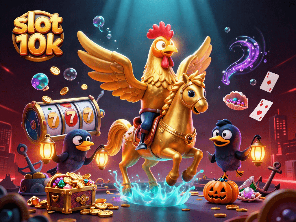 Spin slot 10k reels with a golden rooster and spooky companions in a vibrant casino scene