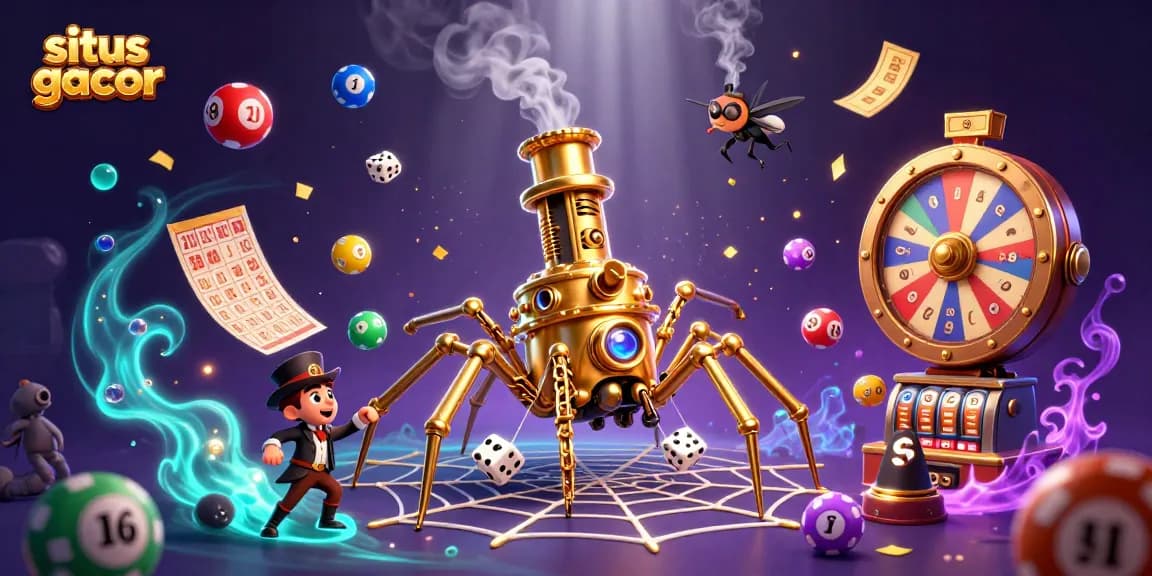 Experience high stakes with situs gacor as the golden spider entangles dice in a dynamic, vibrant casino scene.