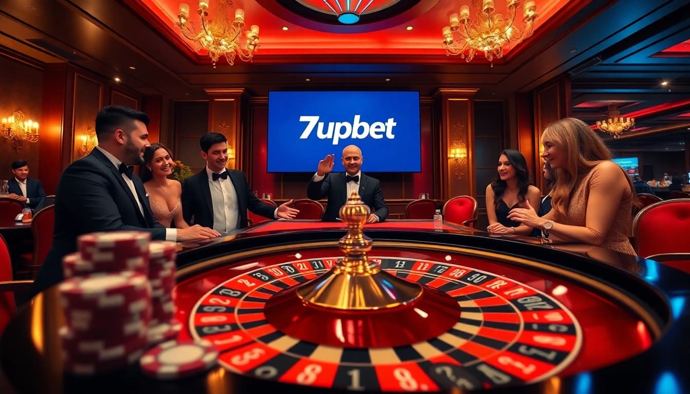 Experience the thrill of 7upbet with luxurious casino gaming ambiance showcasing roulette and poker.