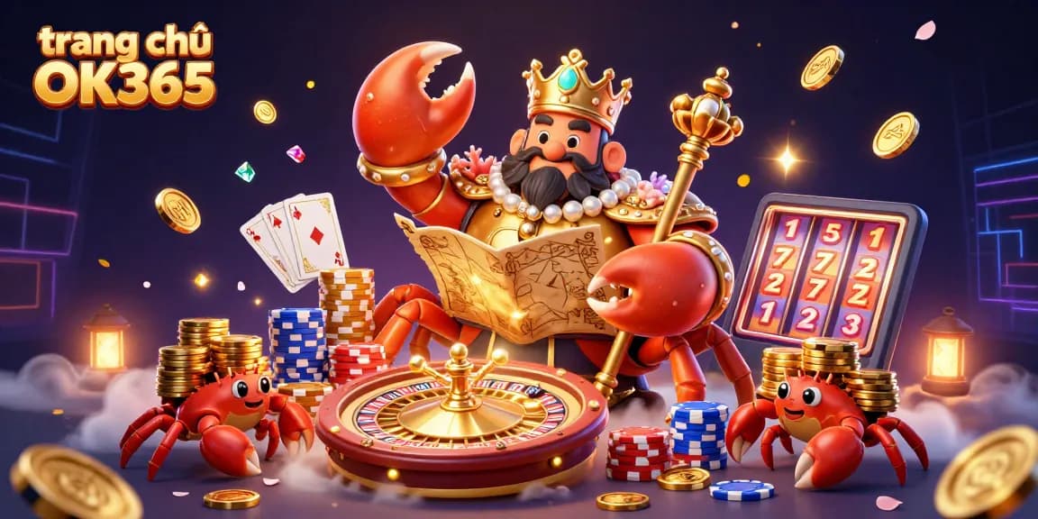 Spin the reels on trang chủ OK365 with vibrant casino elements featuring a golden crab emperor.
