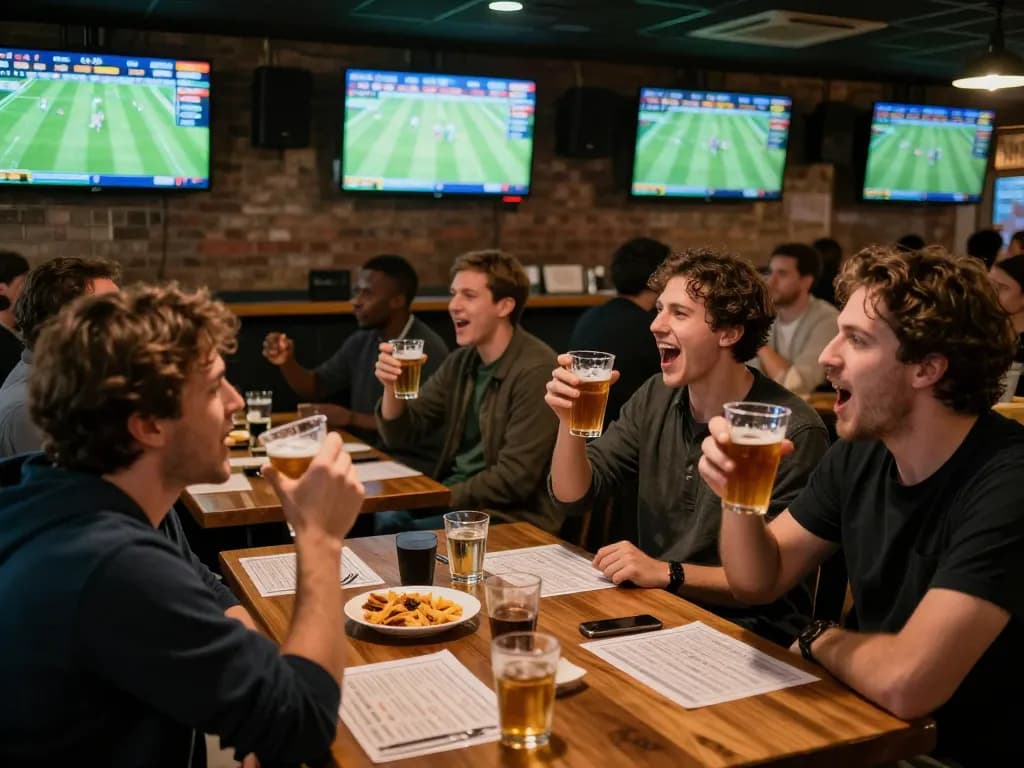 Tỷ lệ cá cược bóng đá hôm nay, sports bettors analyzing live football odds in a bustling sports bar atmosphere