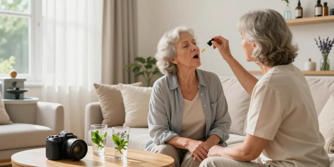 Caregiver administering premium CBD oil Canada to senior in a serene home setting.