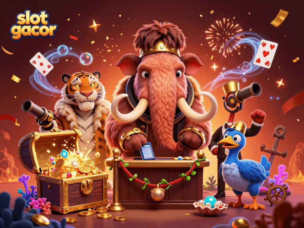 Pemain mencoba slot gacor dengan suasana kasino yang meriah dan warna-warni dengan karakter hewan 3D.