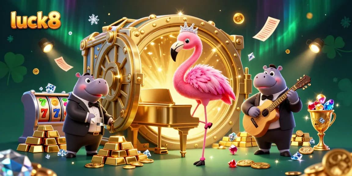Experience the vibrant atmosphere of luck8 with animated casino characters and golden treasures.