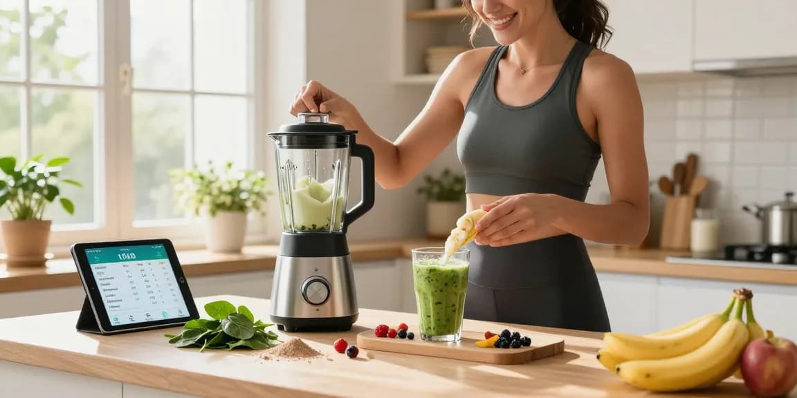 An enthusiastic individual preparing a breakfast smoothie while showcasing the best nutrition tracking app for meal planning.