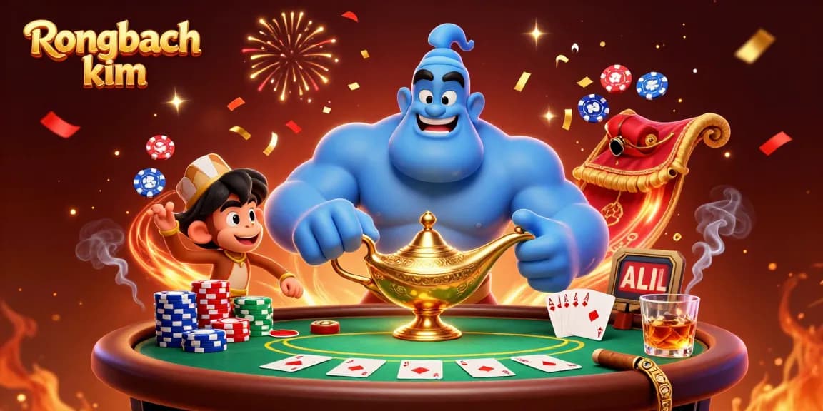 Engaging visual of Rongbach kim featuring a powerful genie and playful monkey with poker crafts in a vibrant casino scene.
