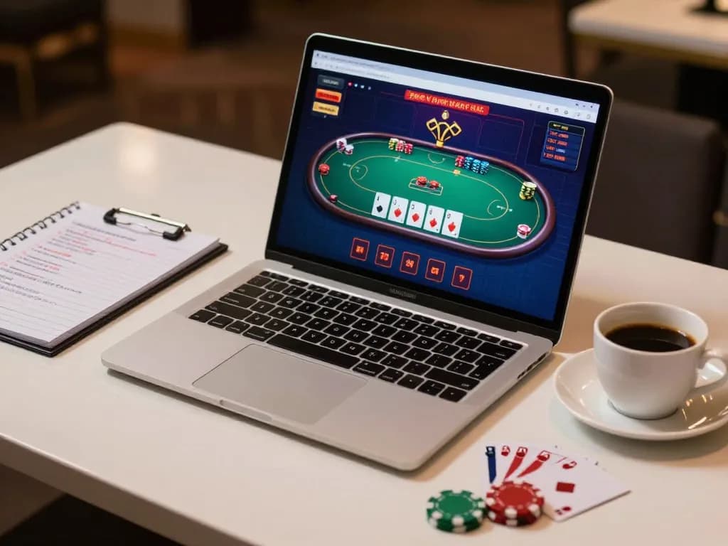 Engaging in strategic gameplay at bj886 online casino on a modern laptop with betting notes
