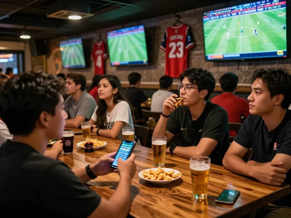 Excited sports bettors analyzing kèo nhà cái while enjoying live football matches at a vibrant sports bar.