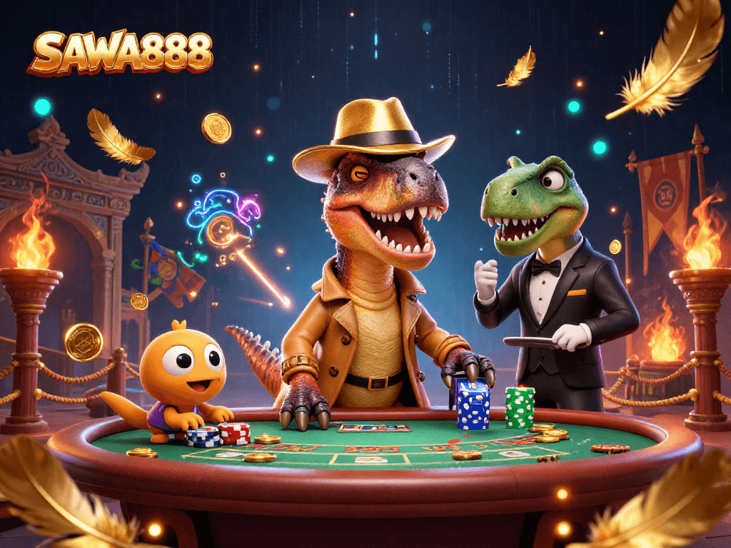 Experience thrilling gameplay at SAWA888 as a velociraptor counter outsmarts a stegosaurus pit boss.