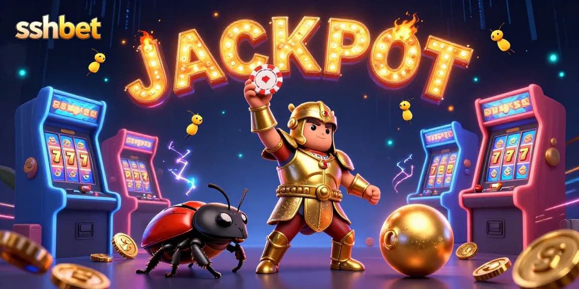 Play slots and win big with sshbet’s vibrant 3D illustration depicting a victorious beetle hero.
