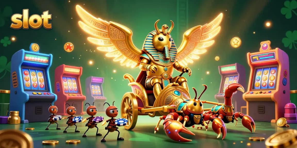 Slot gacor dengan scarab emas dan scorpion, dikelilingi mesin permainan yang berwarna-warni.