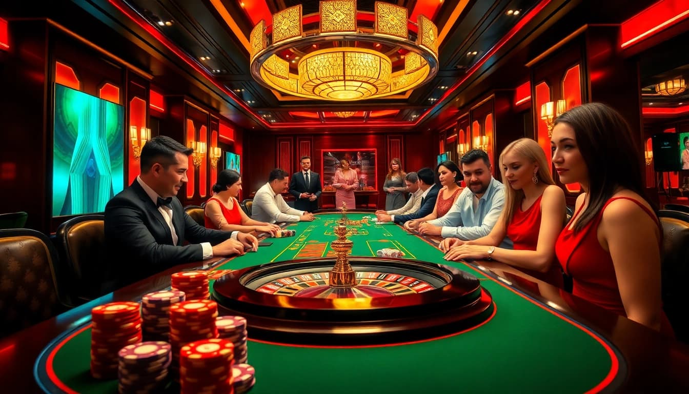 Players engaging at a GG88 casino table, showcasing excitement and strategy in a vibrant gambling environment.