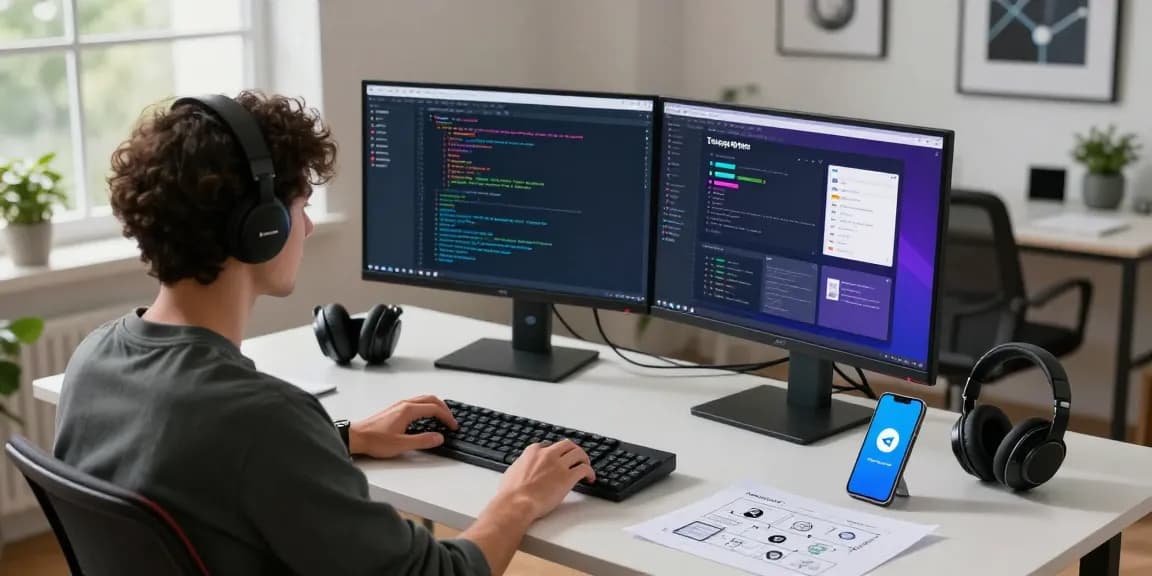 Engineer developing Telegram-based applications in modern workspace with coding screens and tech gadgets.