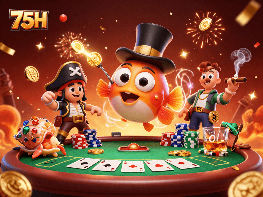 75H atrai fichas de poker e moedas em ilustração vibrante de cassino subaquático.