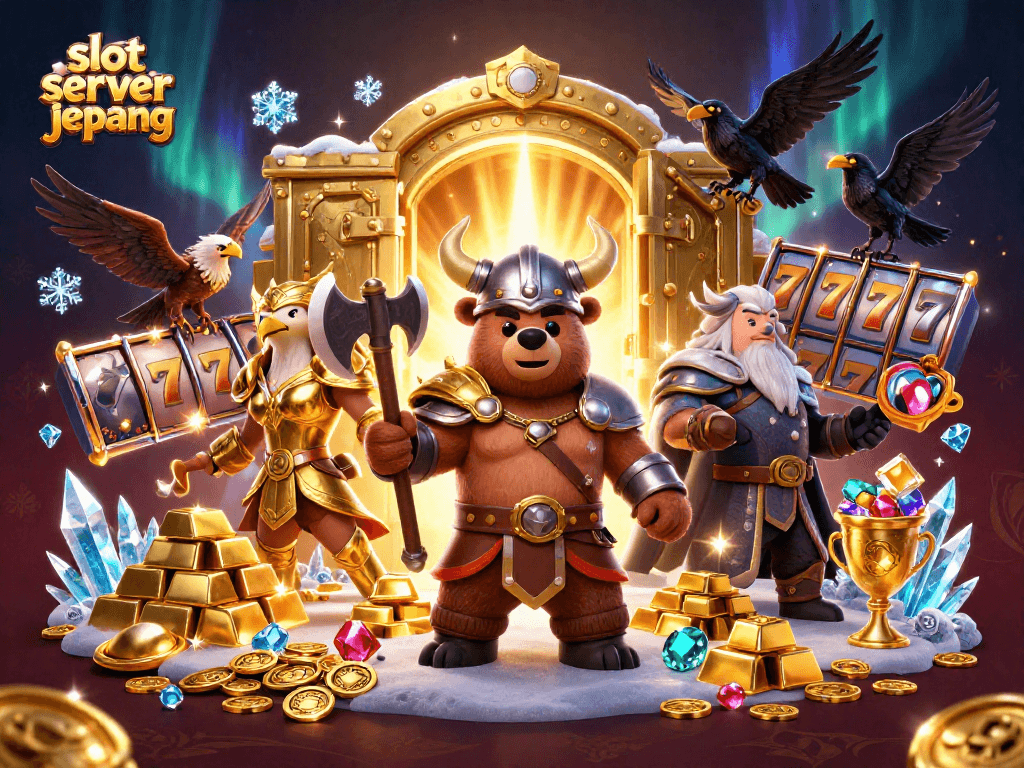 Experience thrilling gameplay in slot server jepang with Viking and Valkyries surrounded by treasure.