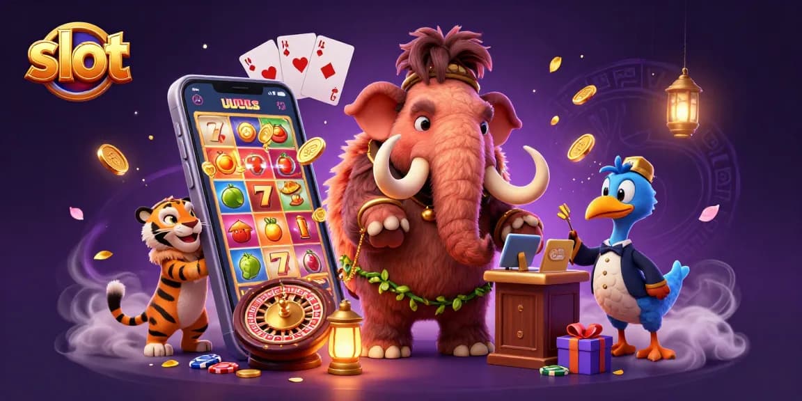Experience thrilling slots with the mammoth bouncer and VIP characters at the casino entrance.