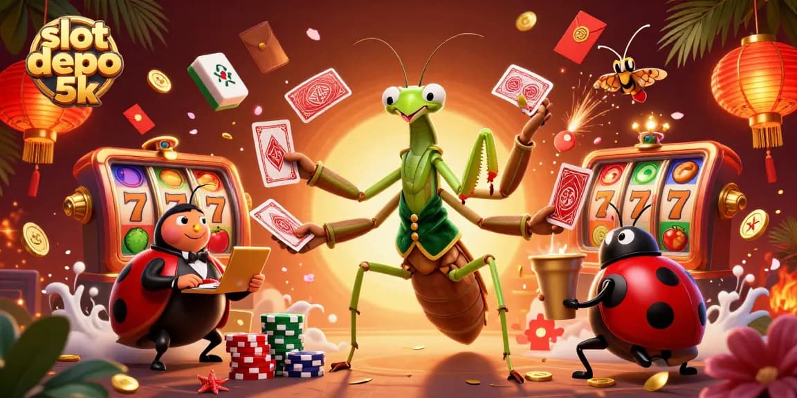 Experience the excitement of slot depo 5k with vibrant characters amidst casino elements and festive visuals.