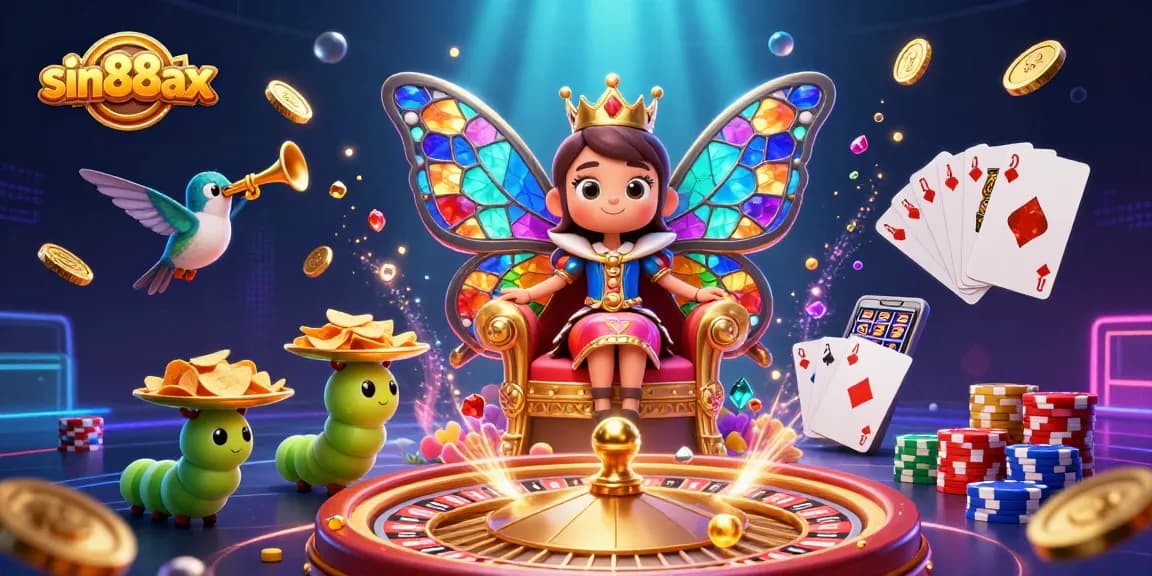 Win big with sin88ax in a dazzling 3D casino world featuring a butterfly queen and golden chips.