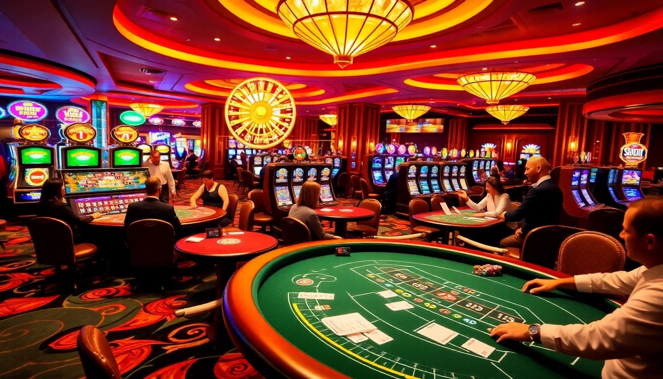 Gamblers enjoying excitement at SODO66 Casino with vibrant tables and slot machines.