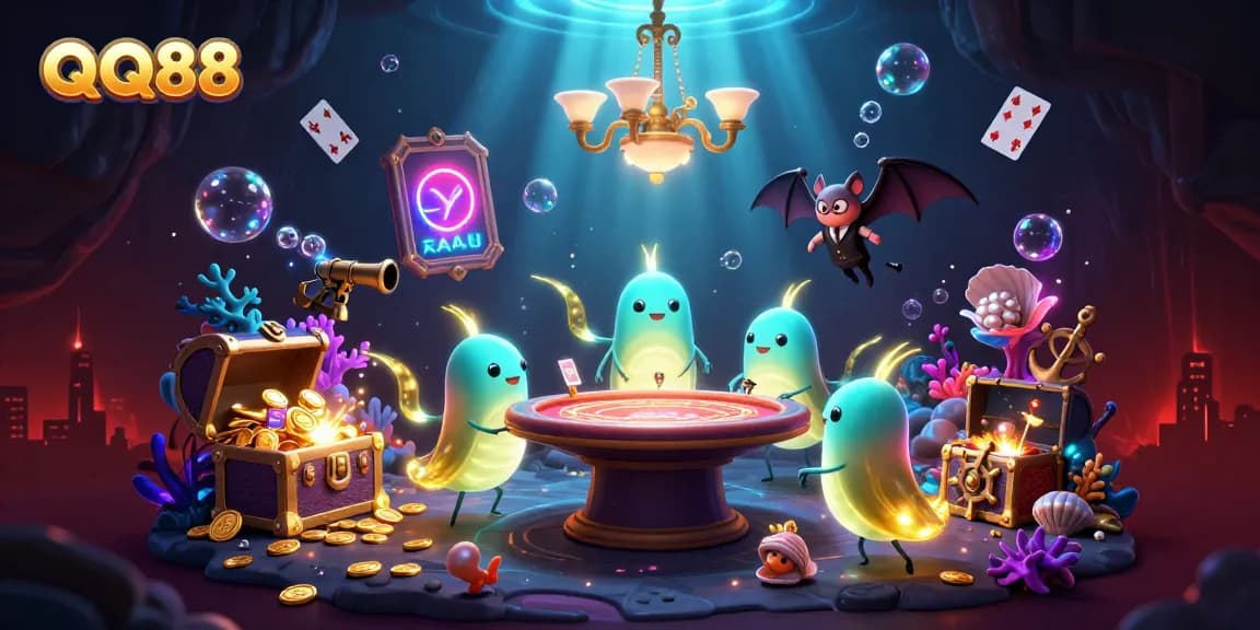 Experience QQ88's vibrant casino atmosphere with bioluminescent characters and rich game elements.