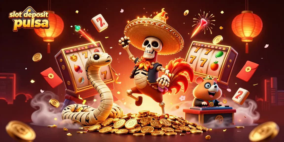 Slot deposit pulsa, kemenangan besar di mesin slot dengan karakter menarik dan suasana kasino yang meriah.