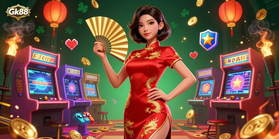 Experience the vibrant Gk88 casino with a stunning display of game icons and glowing elements.