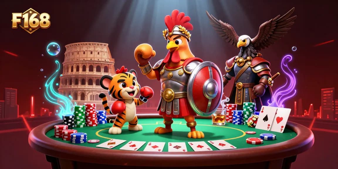 Experience F168's gaming excitement with a dynamic illustration featuring poker chips, a betting rooster, and an eagle.