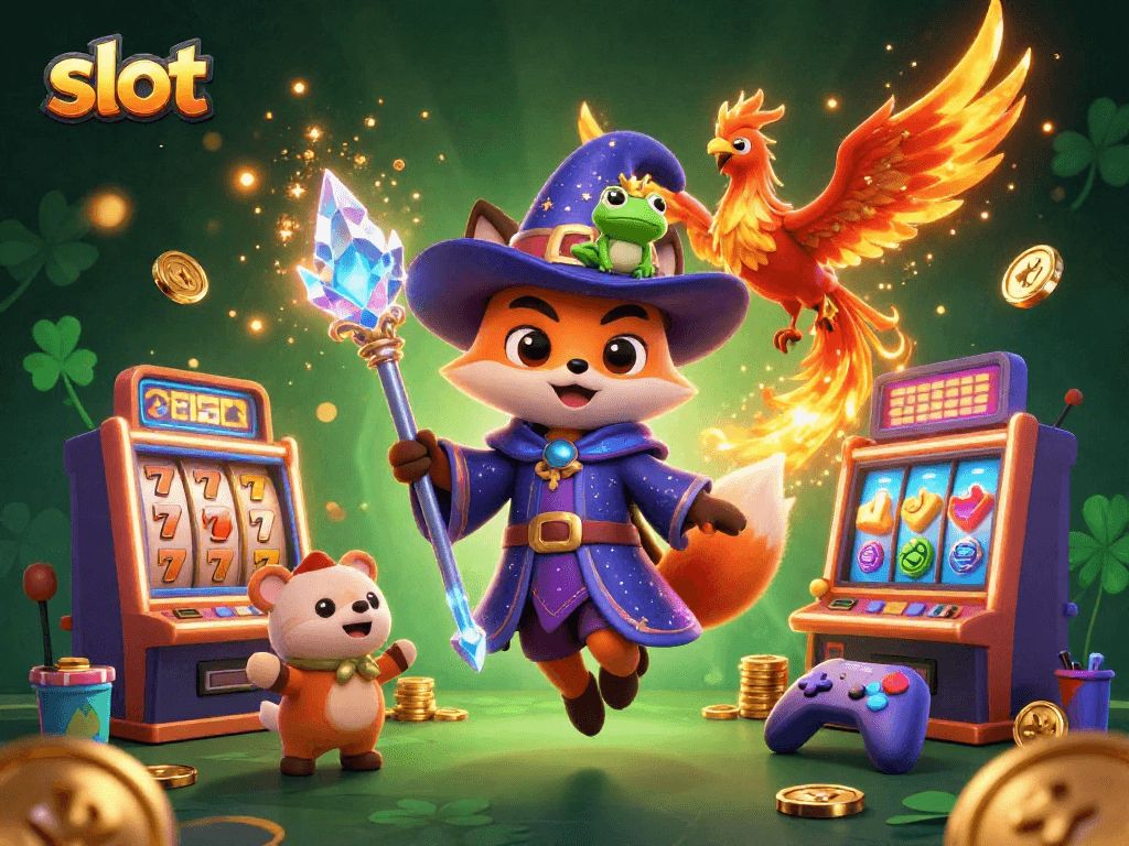 Spin winning slots with a wizard fox, phoenix, and enchanted frog in a vibrant casino scene.