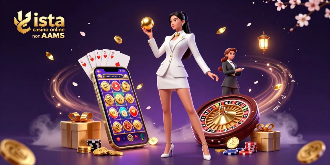 Interagisci con la lista casino online non AAMS che mostra rulli di slot che girano e una straordinaria donna asiatica che presiede a un'atmosfera di casinò vibrante.