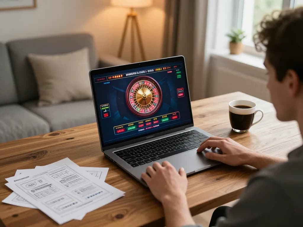 Player experiencing fly88 online gaming with live roulette on laptop in cozy home setting
