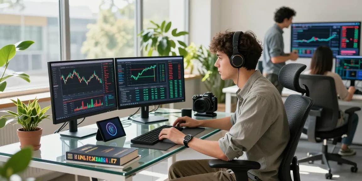 Trader analyzing charts on XXKK Crypto Exchange in a modern workspace.