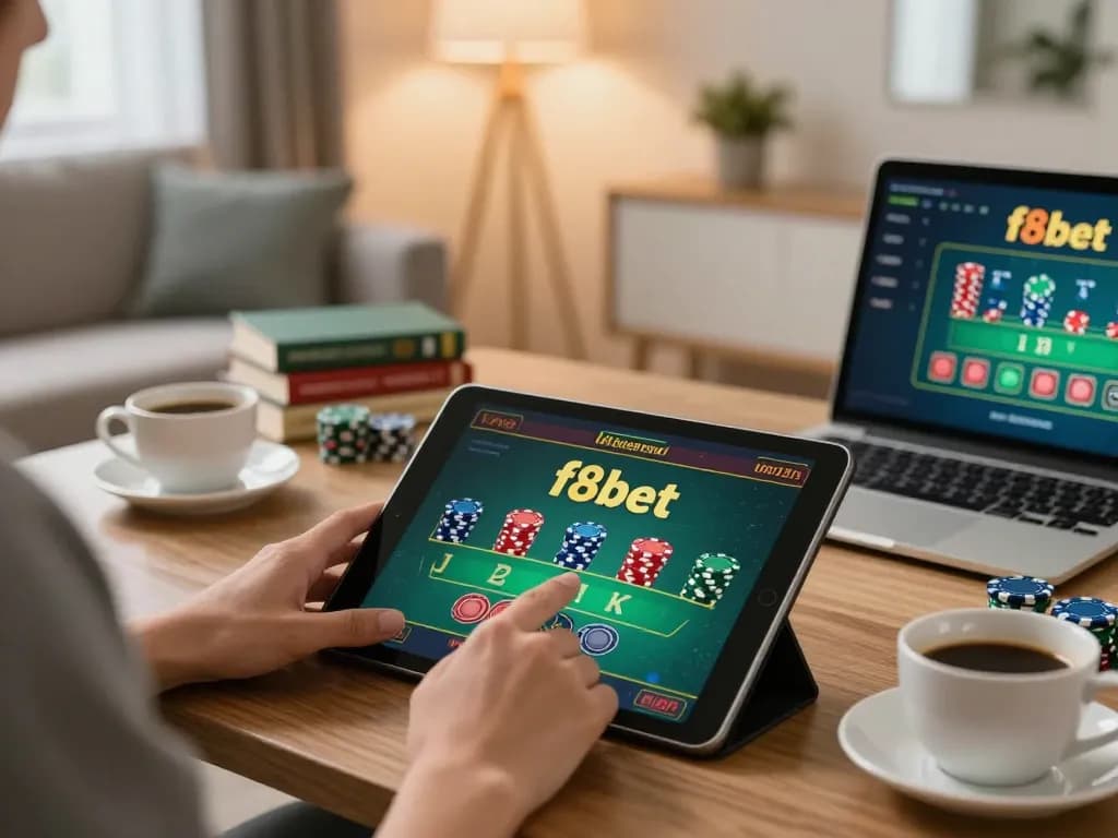 Player placing bets on f8bet during a live blackjack game in a cozy home setting