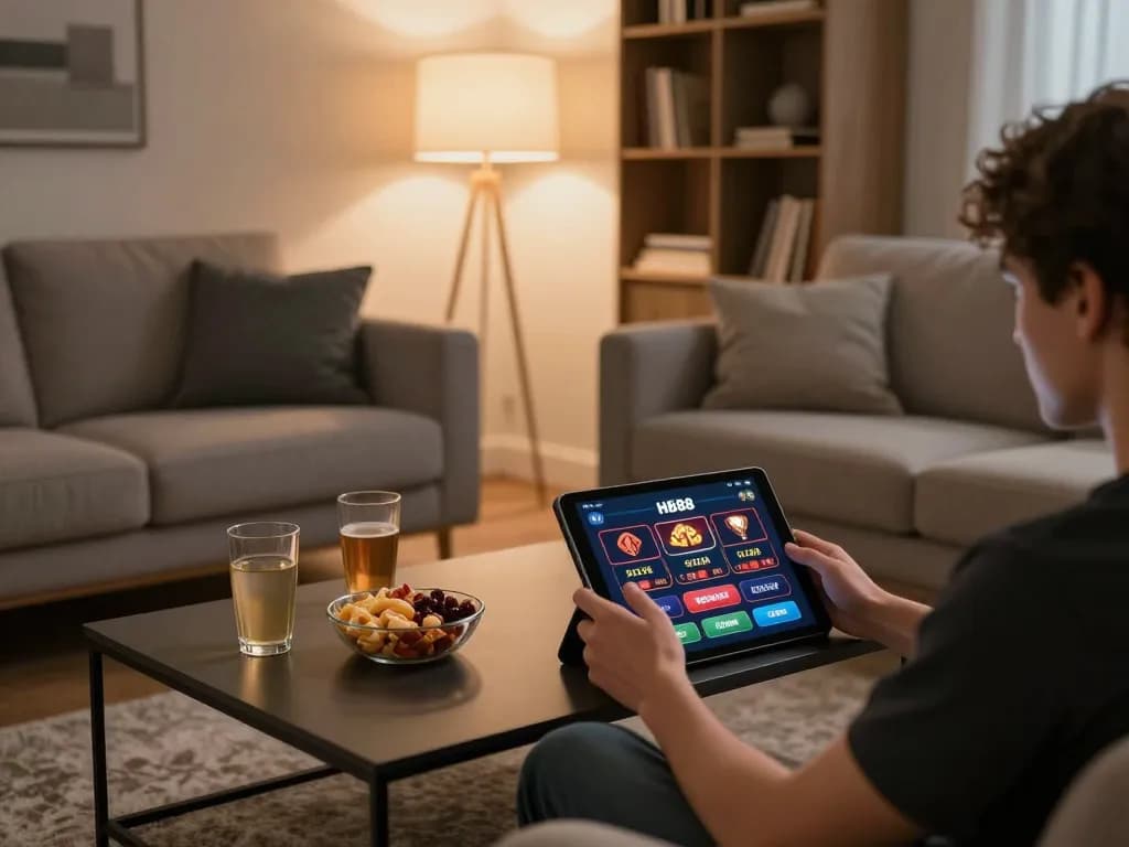 Player using HB88 casino app on a tablet in cozy living room with snacks and warm lighting.