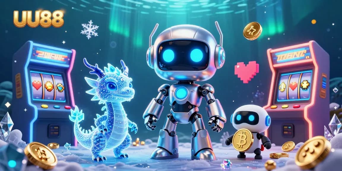 Engage with exciting gambling action at UU88, showcasing a cyberpunk robot with a bitcoin drone in a vibrant casino setting.