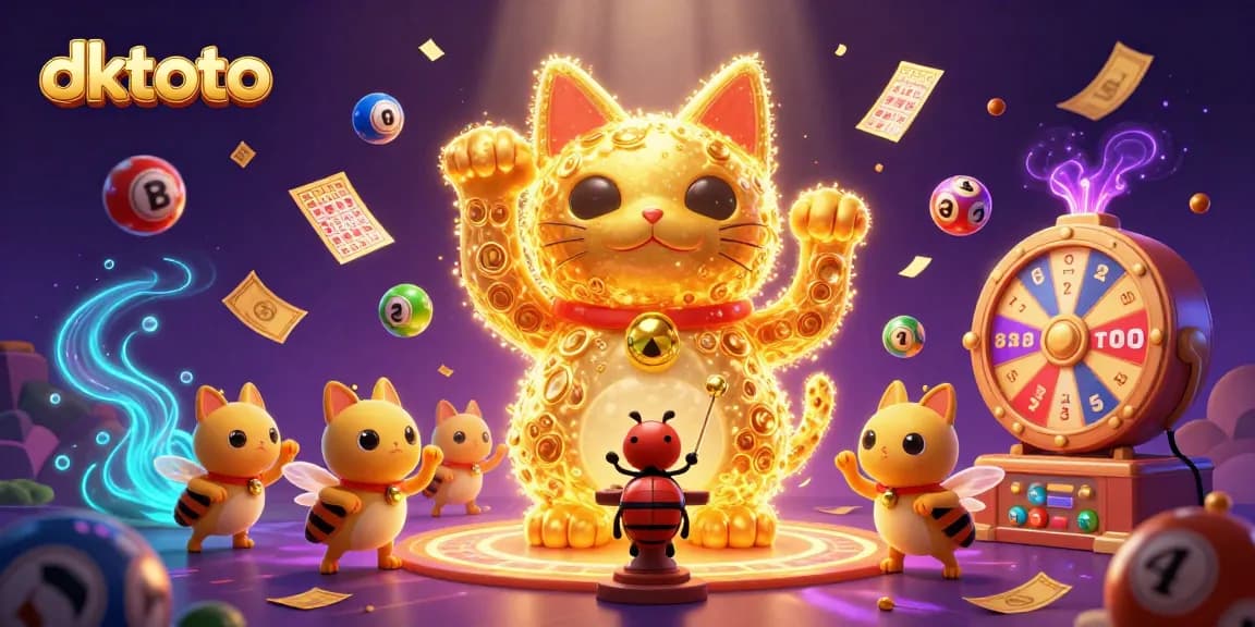 Engage with dktoto's vibrant lottery atmosphere featuring a lucky cat, colorful balls, and dynamic game elements.