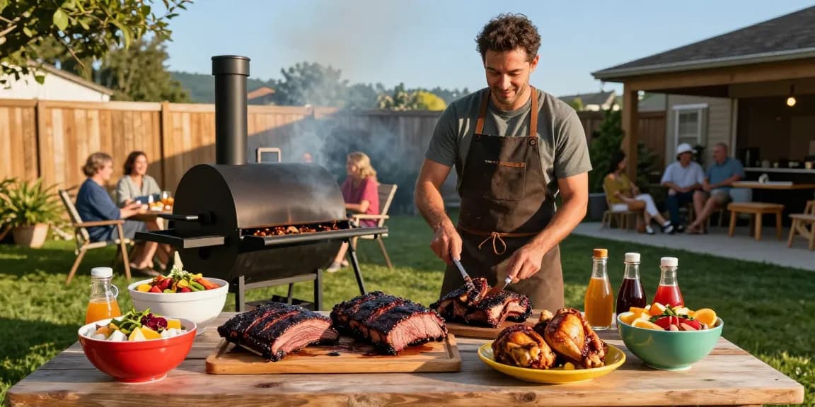 Delicious smoked meats at a backyard barbecue, featuring rokok88 premium brisket and ribs.