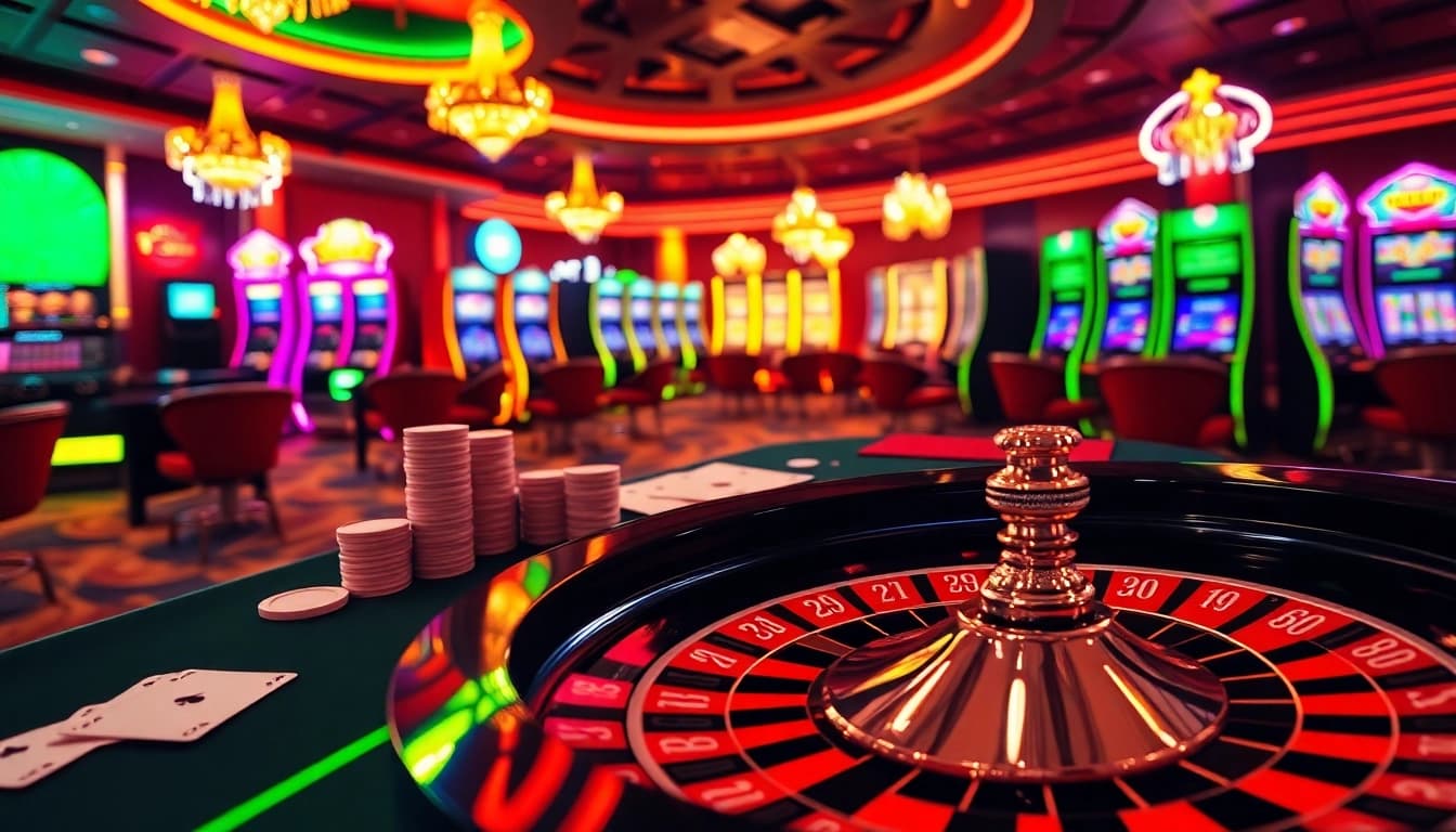 Dynamic casino table with vibrant colors and poker chips, showcasing gaming excitement of 789win com.
