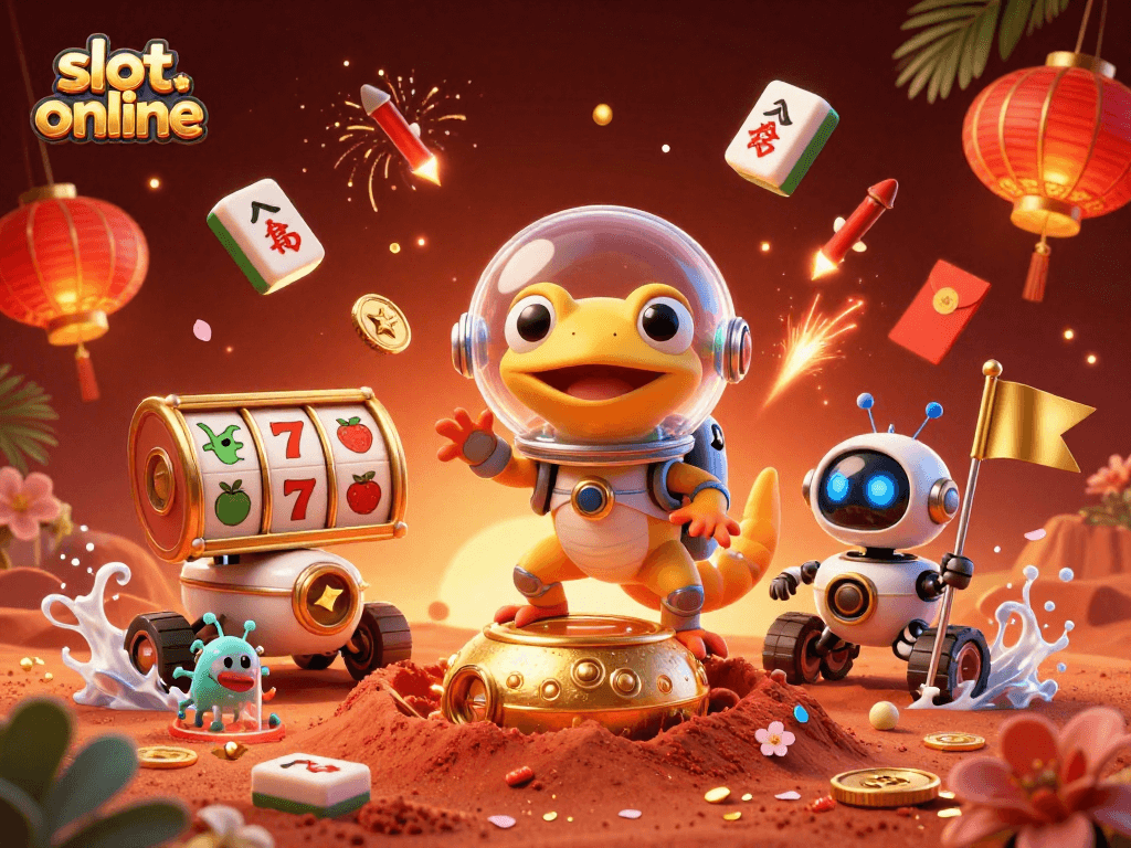 Bermain slot online dengan mesin slot, simbol buah, dan keberuntungan di latar belakang kasino berkilau.
